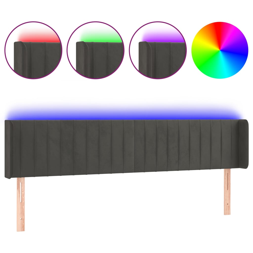 vidaXL Zagłówek do łóżka z LED, ciemnoszary, 183x16x78/88 cm, aksamit