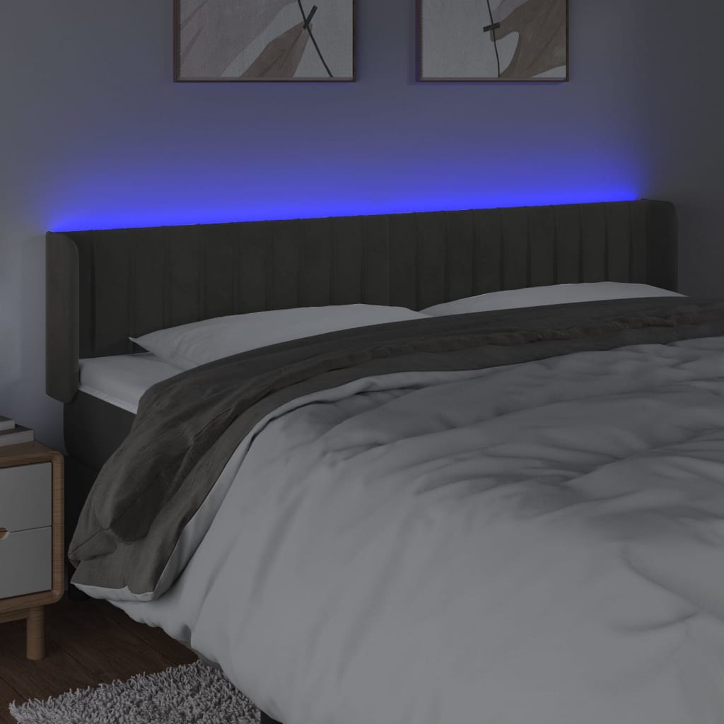 vidaXL Zagłówek do łóżka z LED, ciemnoszary, 183x16x78/88 cm, aksamit