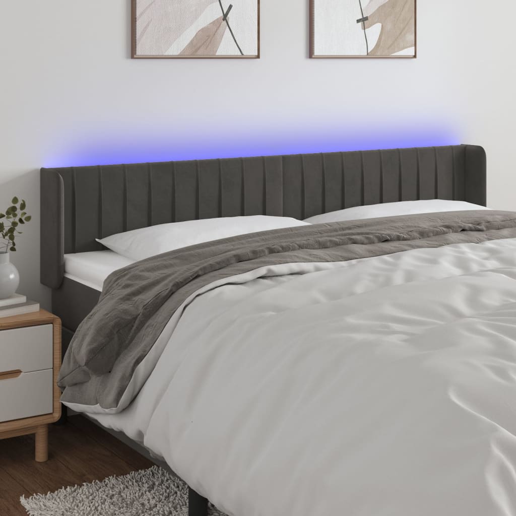 vidaXL Zagłówek do łóżka z LED, ciemnoszary, 183x16x78/88 cm, aksamit