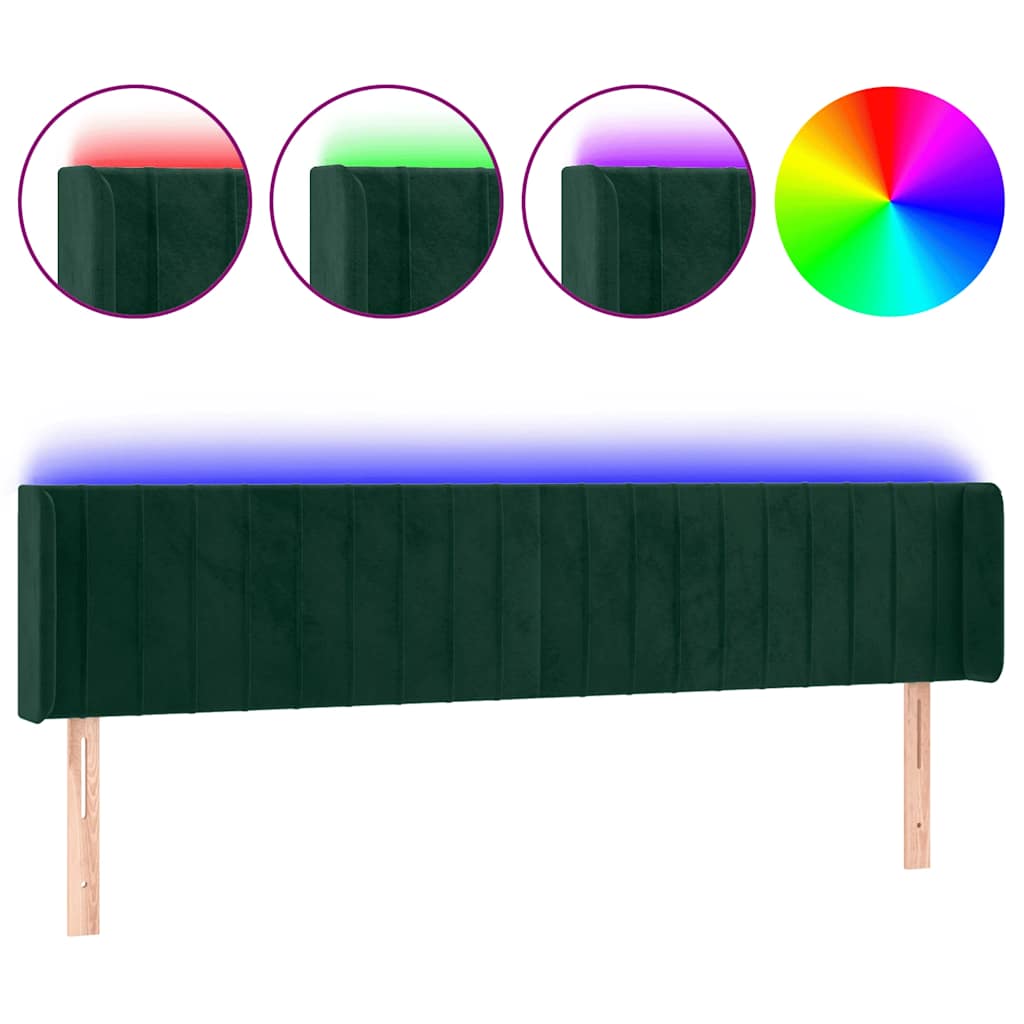 vidaXL Zagłówek do łóżka z LED, ciemnozielony, 203x16x78/88cm, aksamit