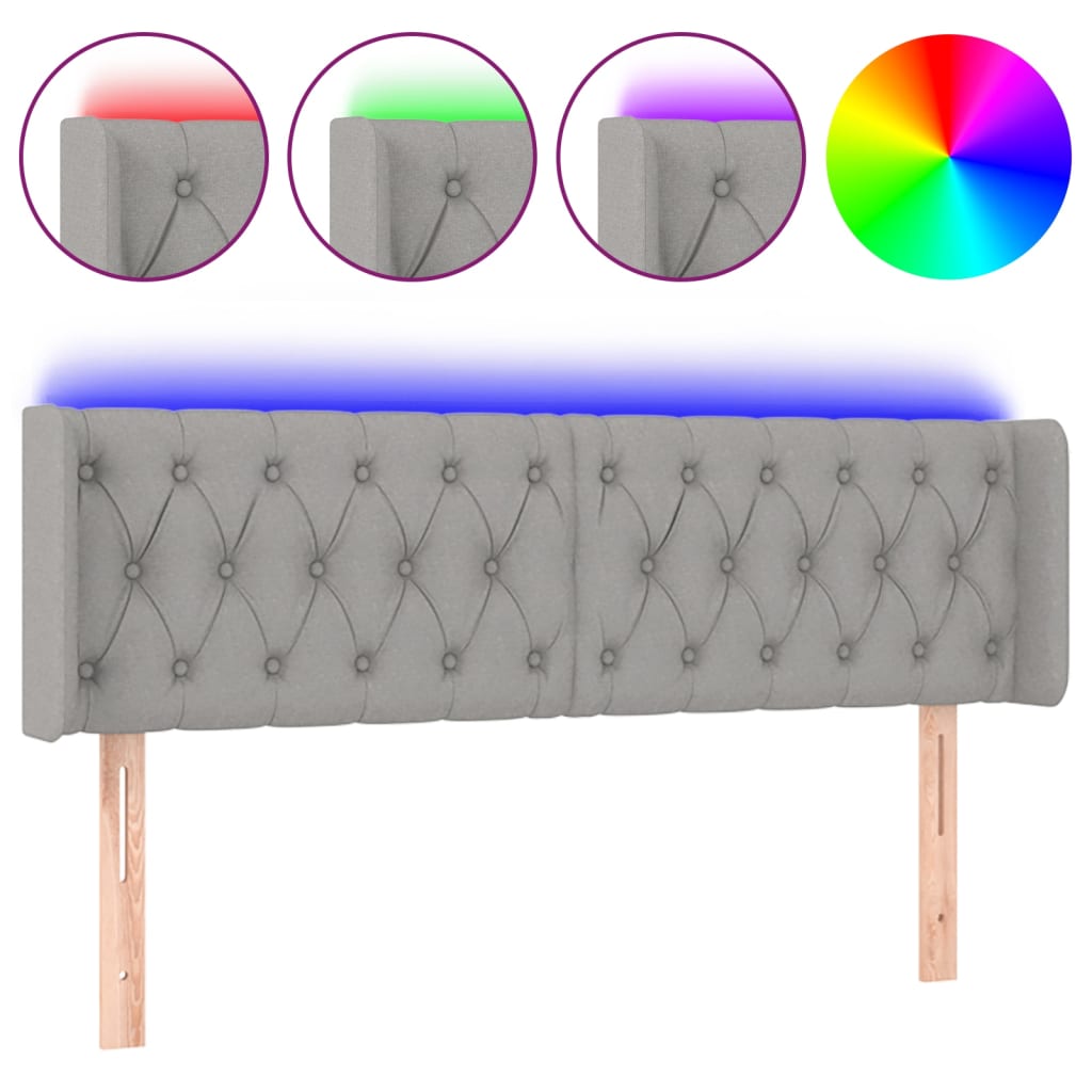 vidaXL Zagłówek do łóżka z LED, jasnoszary, 147x16x78/88 cm, tkanina