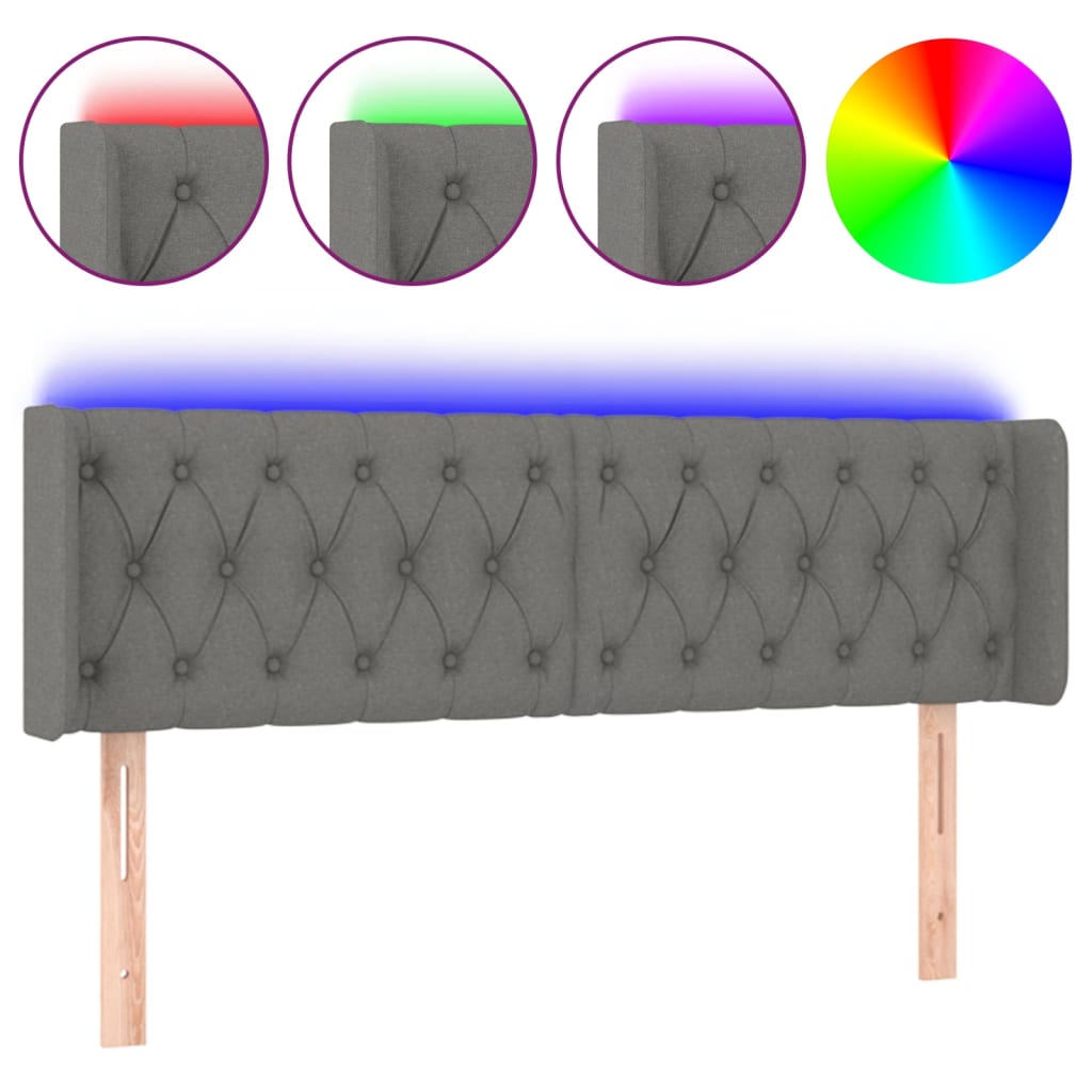 vidaXL Zagłówek do łóżka z LED, ciemnoszary, 147x16x78/88 cm, tkanina