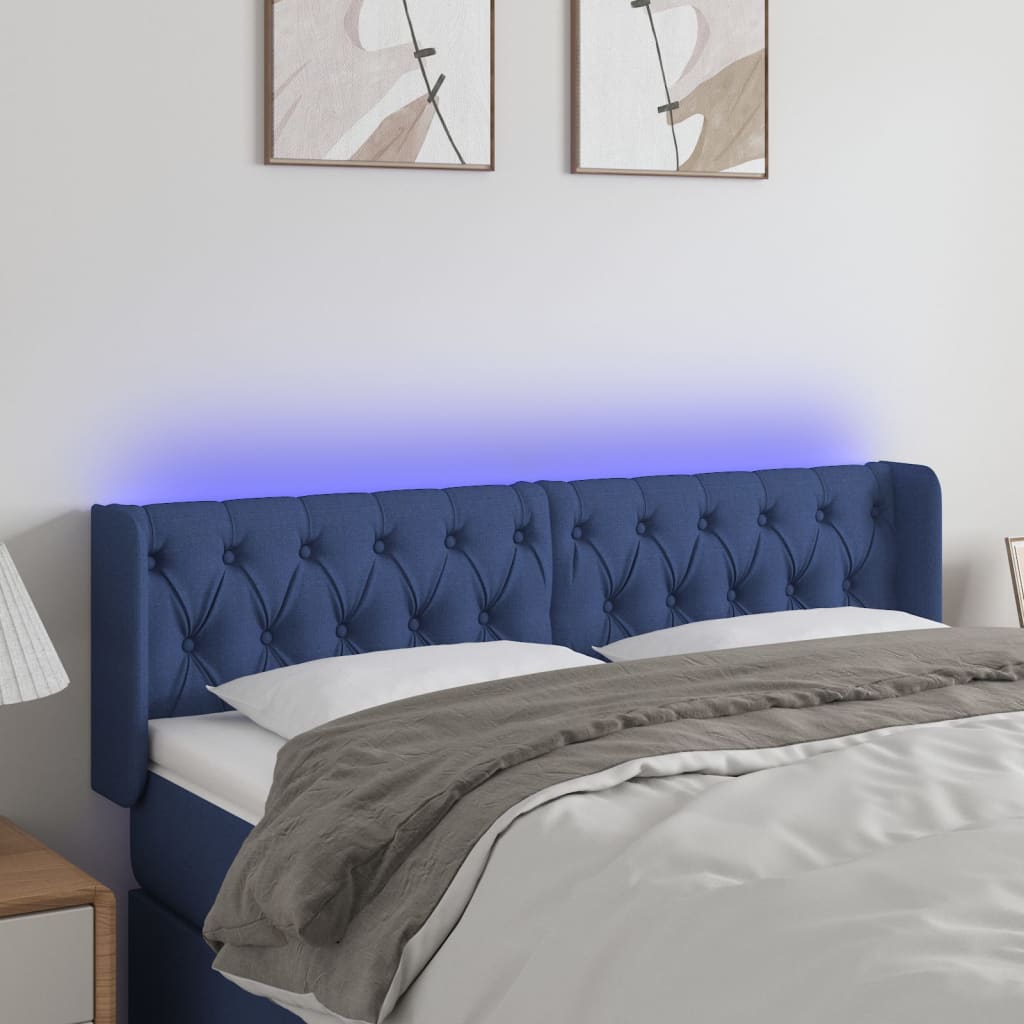 vidaXL Zagłówek do łóżka z LED, niebieski, 163x16x78/88 cm, tkanina