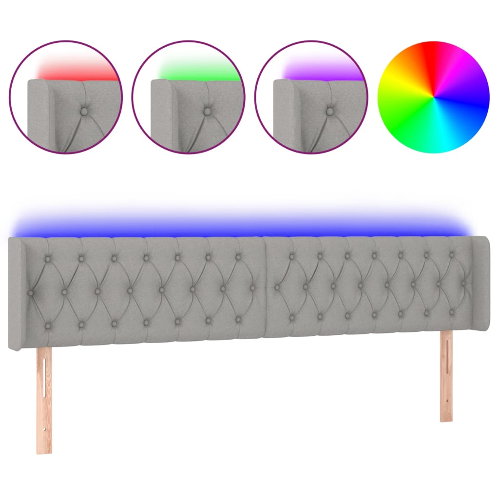 vidaXL Zagłówek do łóżka z LED, jasnoszary, 203x16x78/88 cm, tkanina