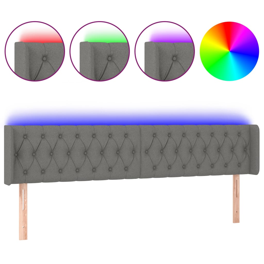 vidaXL Zagłówek do łóżka z LED, ciemnoszary, 203x16x78/88 cm, tkanina