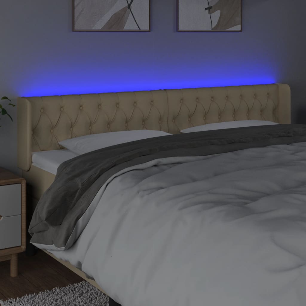 vidaXL Zagłówek do łóżka z LED, kremowy, 203x16x78/88 cm, tkanina