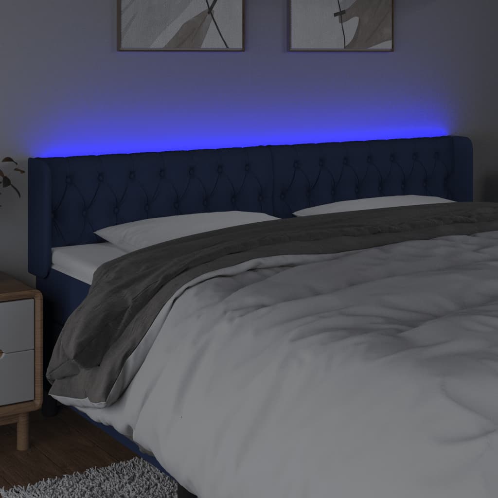 vidaXL Zagłówek do łóżka z LED, niebieski, 203x16x78/88 cm, tkanina