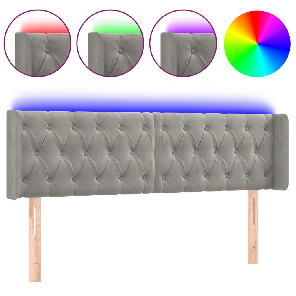 vidaXL Zagłówek do łóżka z LED, jasnoszary, 147x16x78/88 cm, aksamit