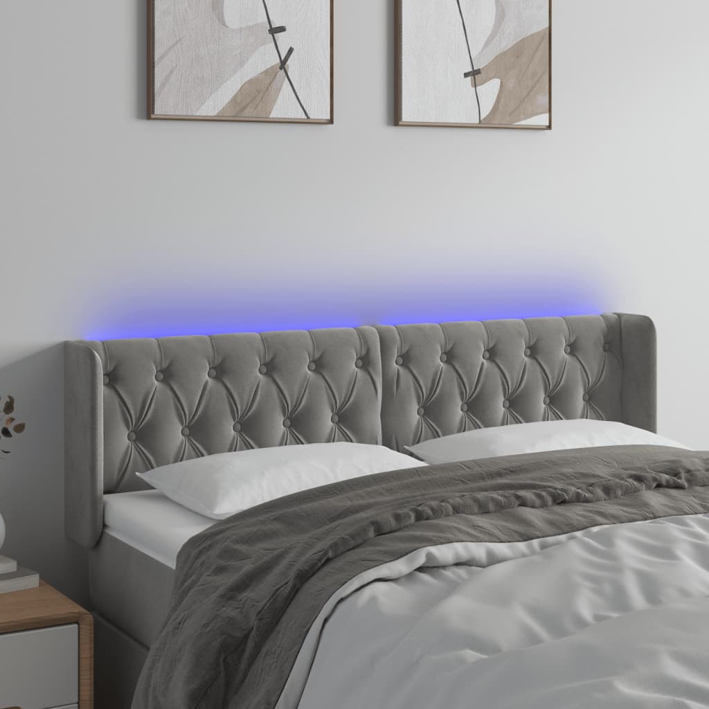 vidaXL Zagłówek do łóżka z LED, jasnoszary, 147x16x78/88 cm, aksamit