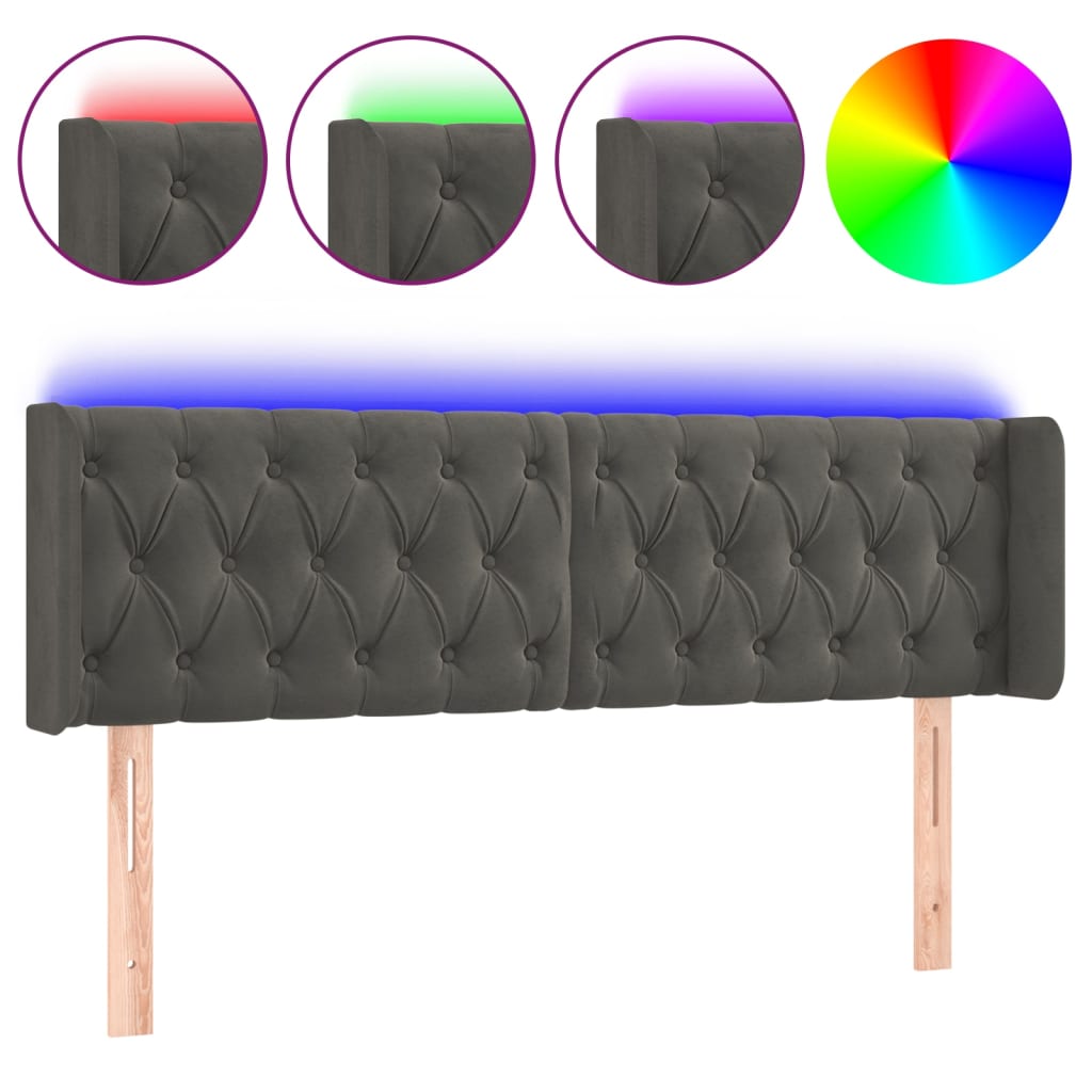vidaXL Zagłówek do łóżka z LED, ciemnoszary, 147x16x78/88 cm, aksamit