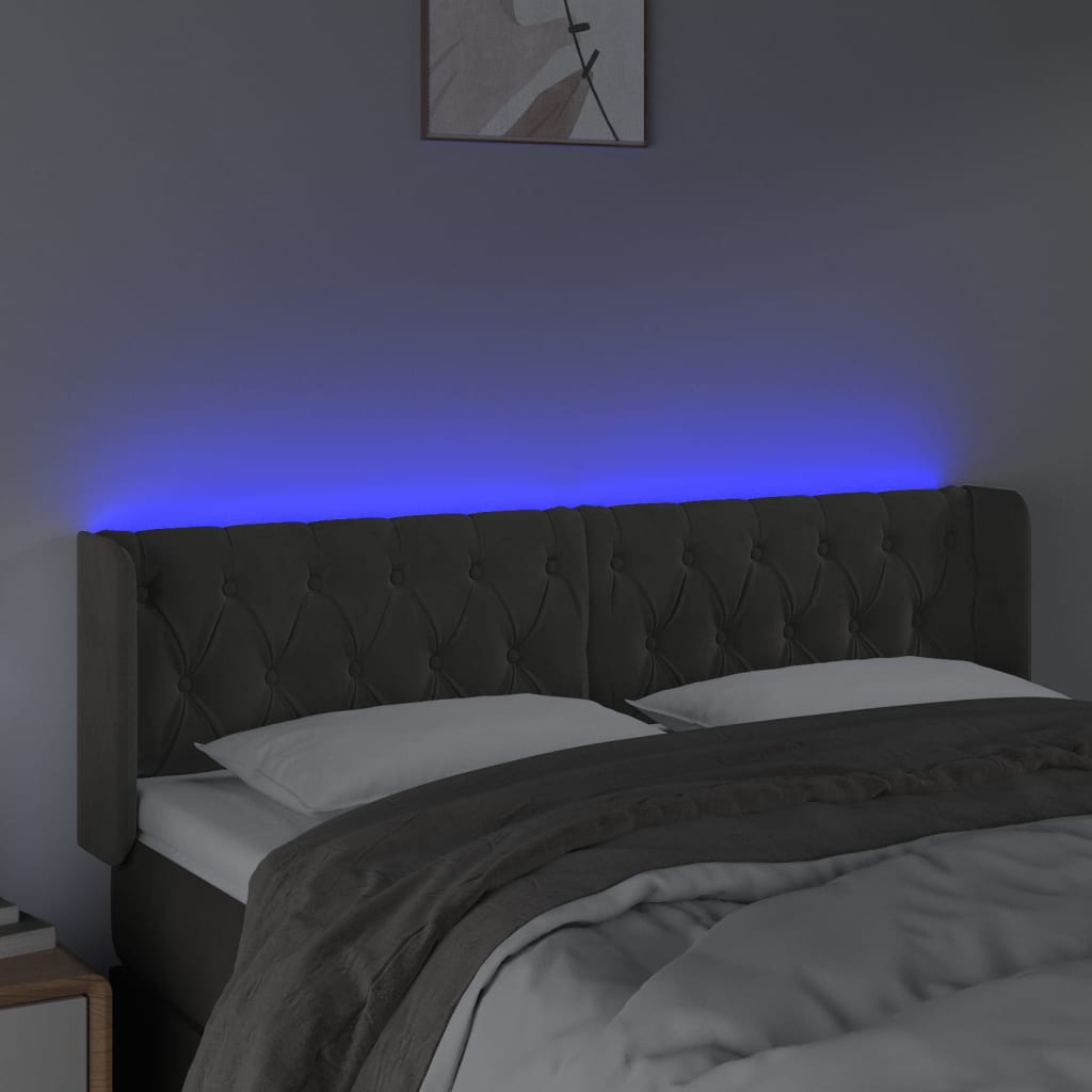 vidaXL Zagłówek do łóżka z LED, ciemnoszary, 147x16x78/88 cm, aksamit