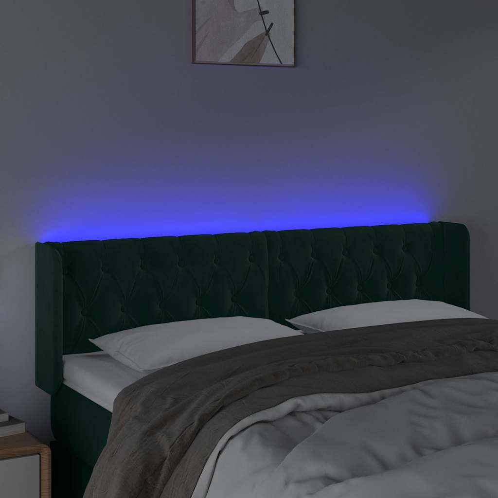 vidaXL Zagłówek do łóżka z LED, ciemnozielony, 147x16x78/88cm, aksamit