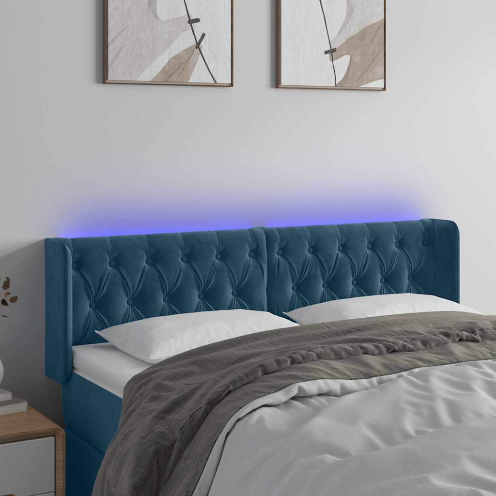 vidaXL Zagłówek do łóżka z LED ciemnoniebieski 147x16x78/88 cm aksamit