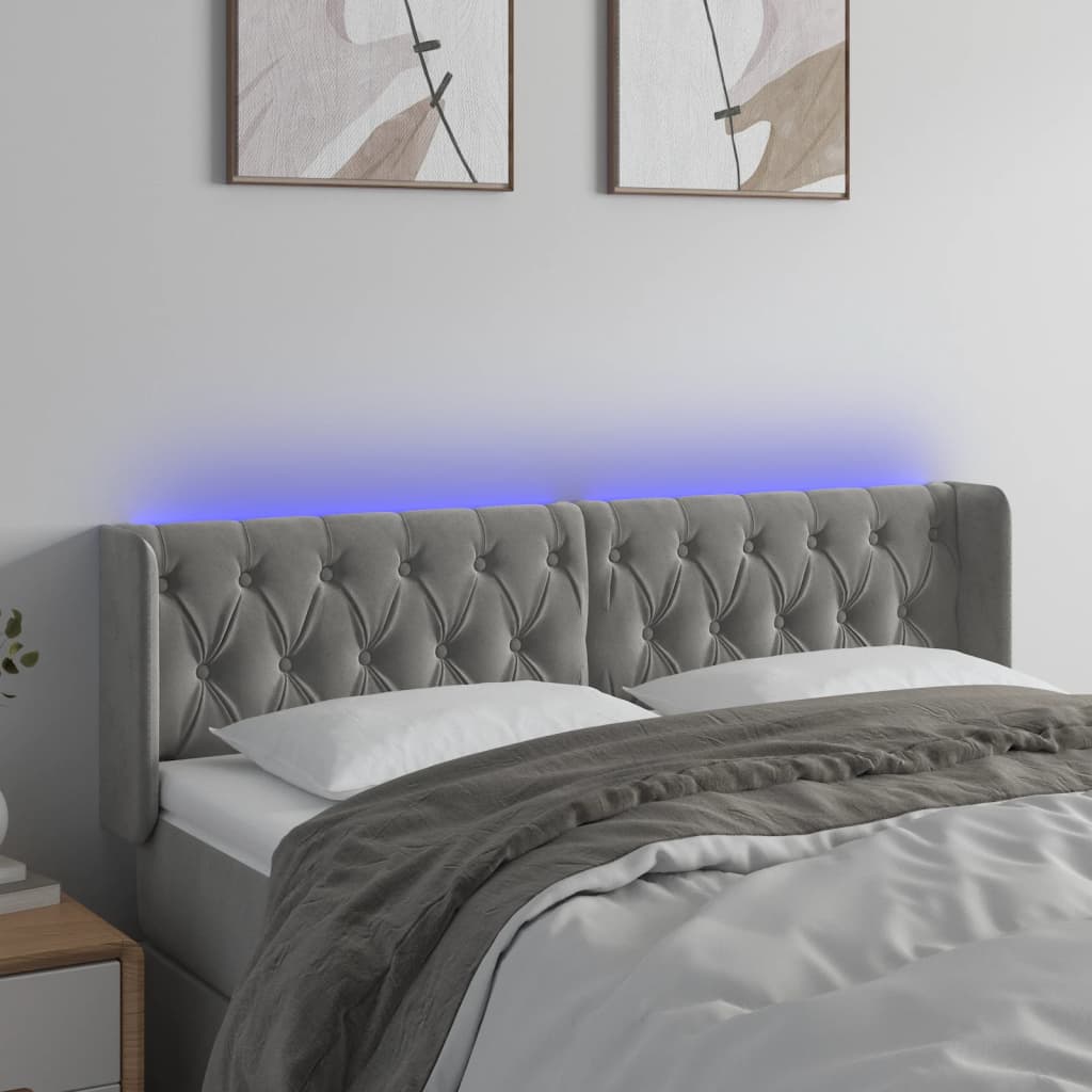 vidaXL Zagłówek do łóżka z LED, jasnoszary, 163x16x78/88 cm, aksamit