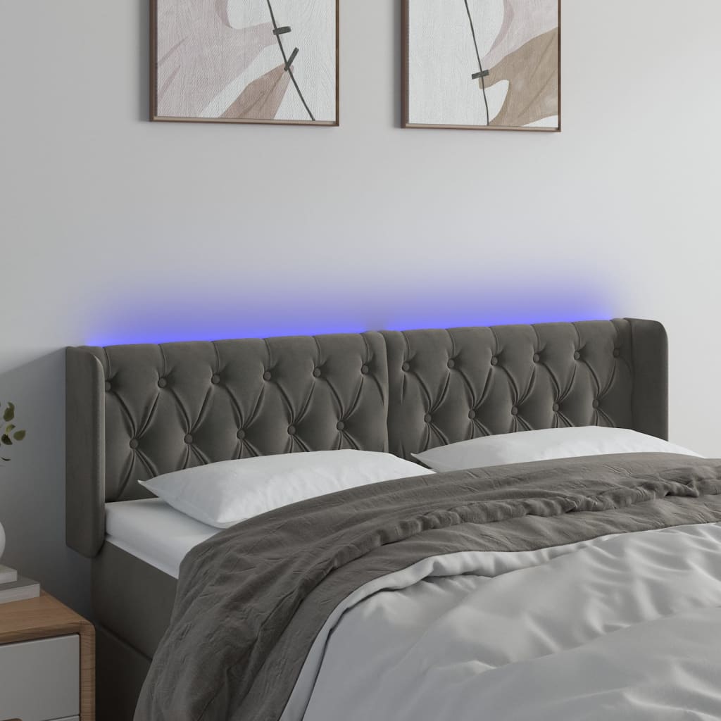 vidaXL Zagłówek do łóżka z LED, ciemnoszary, 163x16x78/88 cm, aksamit