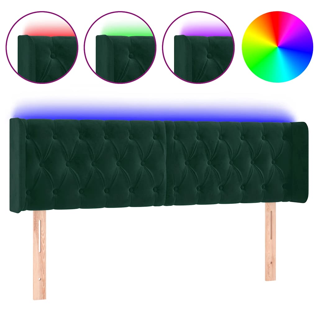 vidaXL Zagłówek do łóżka z LED, ciemnozielony, 163x16x78/88cm, aksamit
