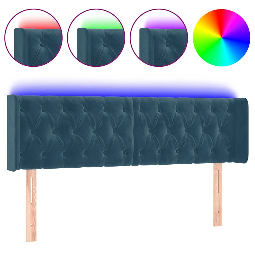 vidaXL Zagłówek do łóżka z LED ciemnoniebieski 163x16x78/88 cm aksamit