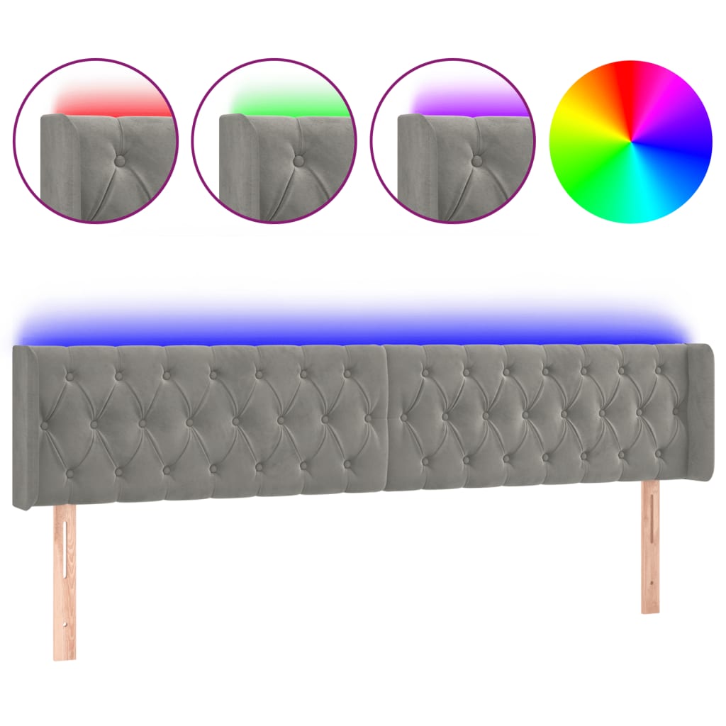 vidaXL Zagłówek do łóżka z LED, jasnoszary, 183x16x78/88 cm, aksamit