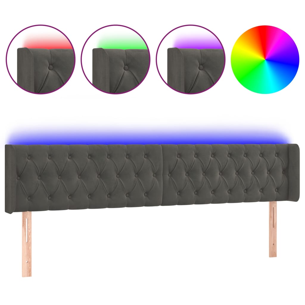 vidaXL Zagłówek do łóżka z LED, ciemnoszary, 183x16x78/88 cm, aksamit