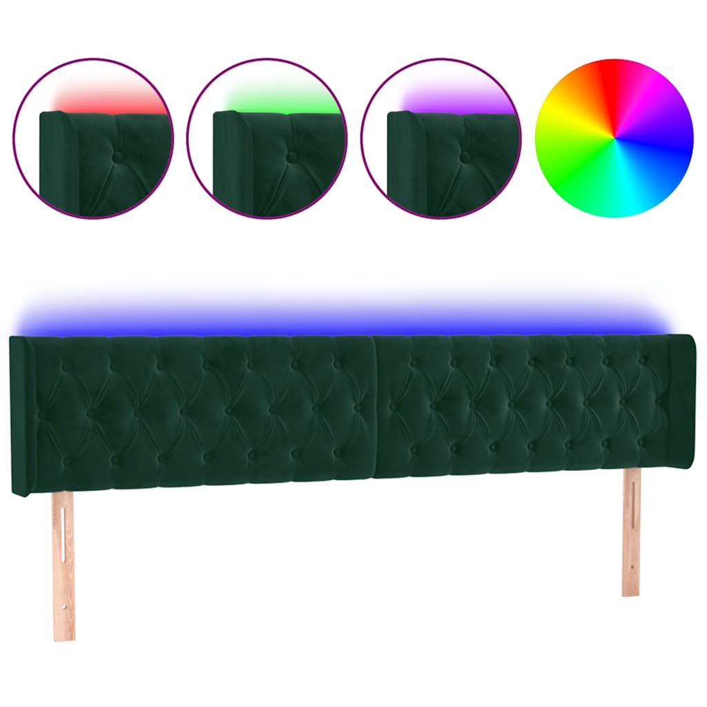 vidaXL Zagłówek do łóżka z LED, ciemnozielony, 183x16x78/88cm, aksamit