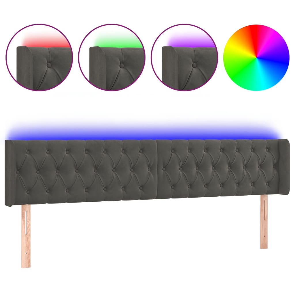 vidaXL Zagłówek do łóżka z LED, ciemnoszary, 203x16x78/88 cm, aksamit