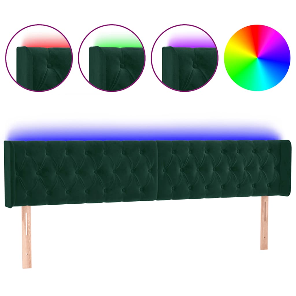 vidaXL Zagłówek do łóżka z LED, ciemnozielony, 203x16x78/88cm, aksamit