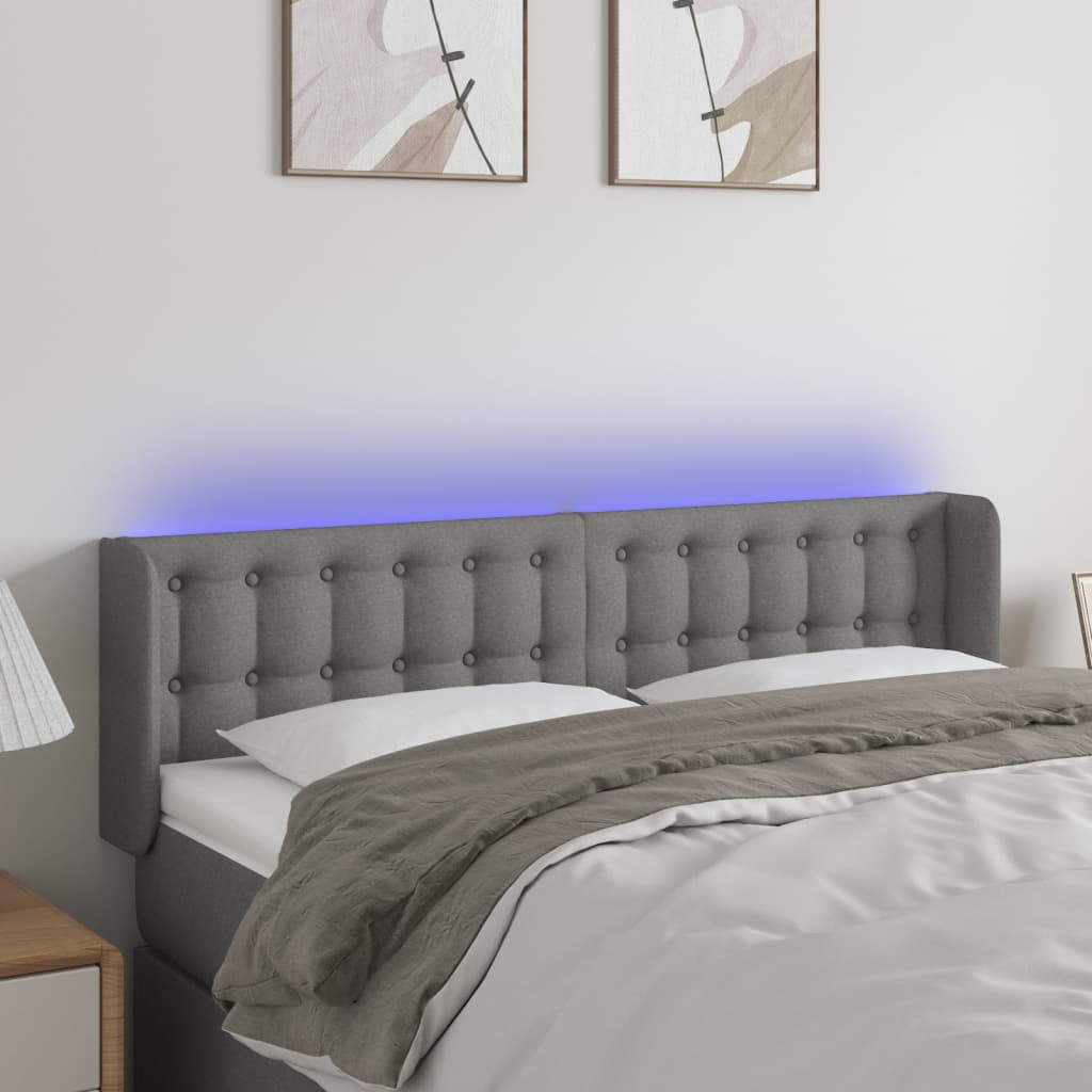 vidaXL Zagłówek do łóżka z LED, ciemnoszary, 147x16x78/88 cm, tkanina