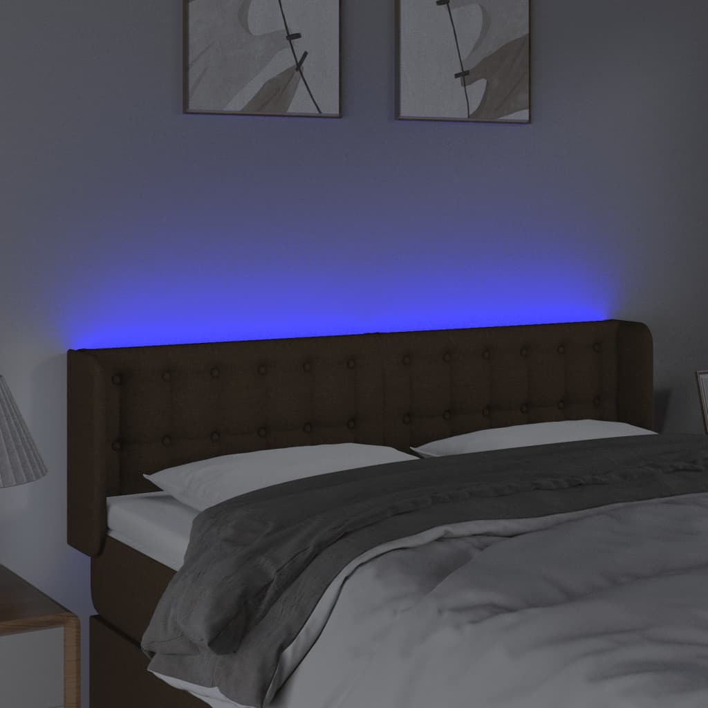 vidaXL Zagłówek do łóżka z LED, ciemnobrązowy, 147x16x78/88cm, tkanina