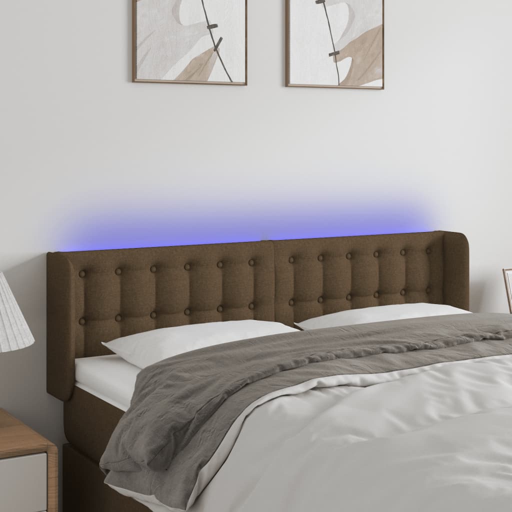 vidaXL Zagłówek do łóżka z LED, ciemnobrązowy, 147x16x78/88cm, tkanina
