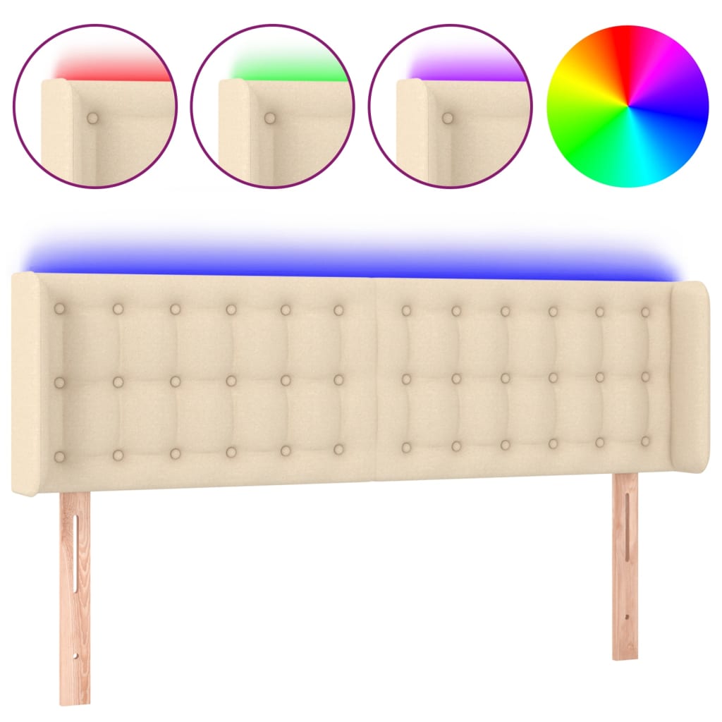 vidaXL Zagłówek do łóżka z LED, kremowy, 147x16x78/88 cm, tkanina