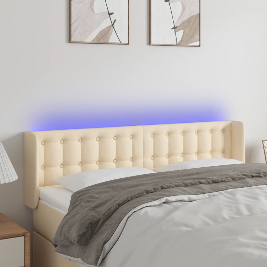 vidaXL Zagłówek do łóżka z LED, kremowy, 147x16x78/88 cm, tkanina