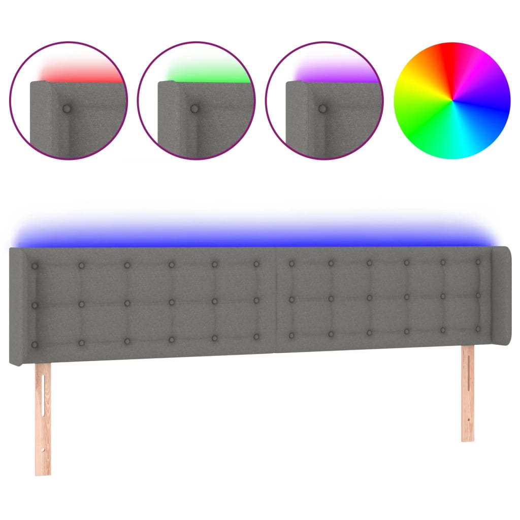 vidaXL Zagłówek do łóżka z LED, ciemnoszary, 183x16x78/88 cm, tkanina