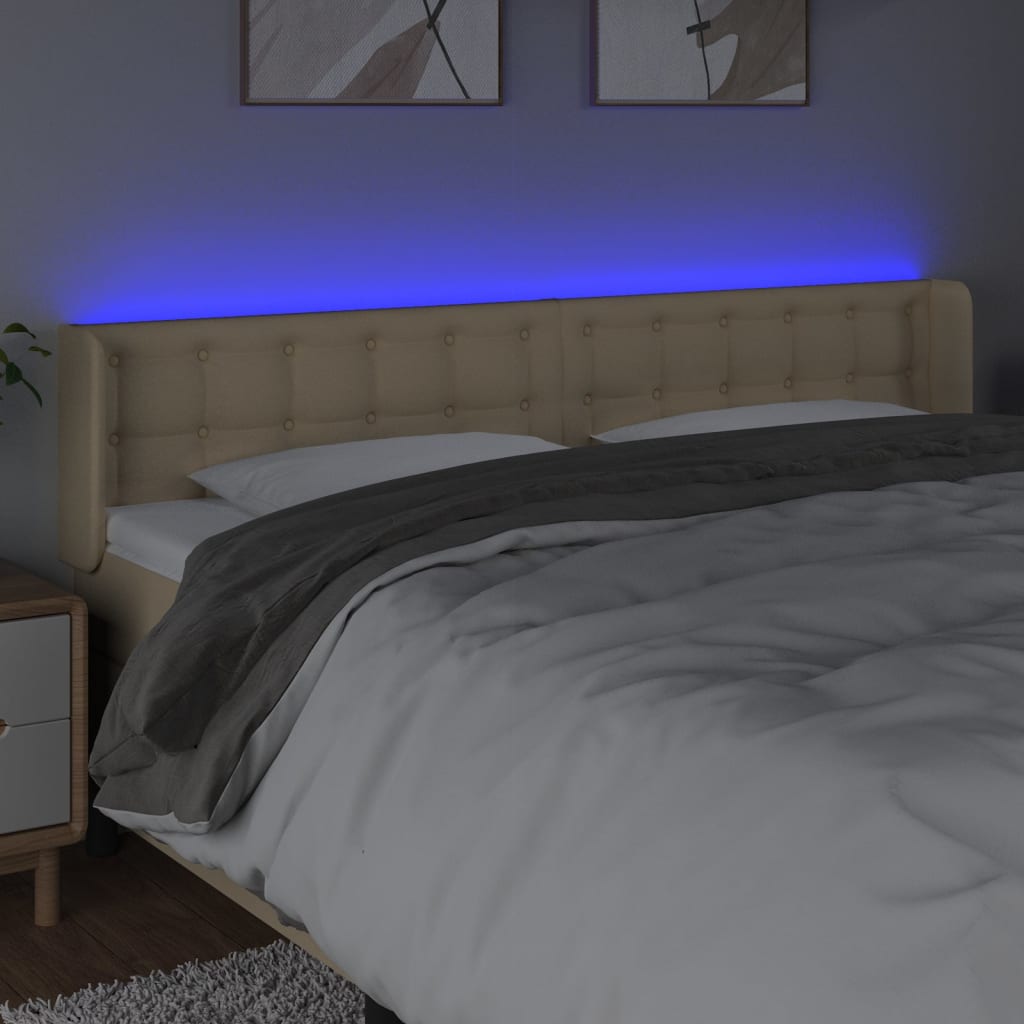 vidaXL Zagłówek do łóżka z LED, kremowy, 203x16x78/88 cm, tkanina