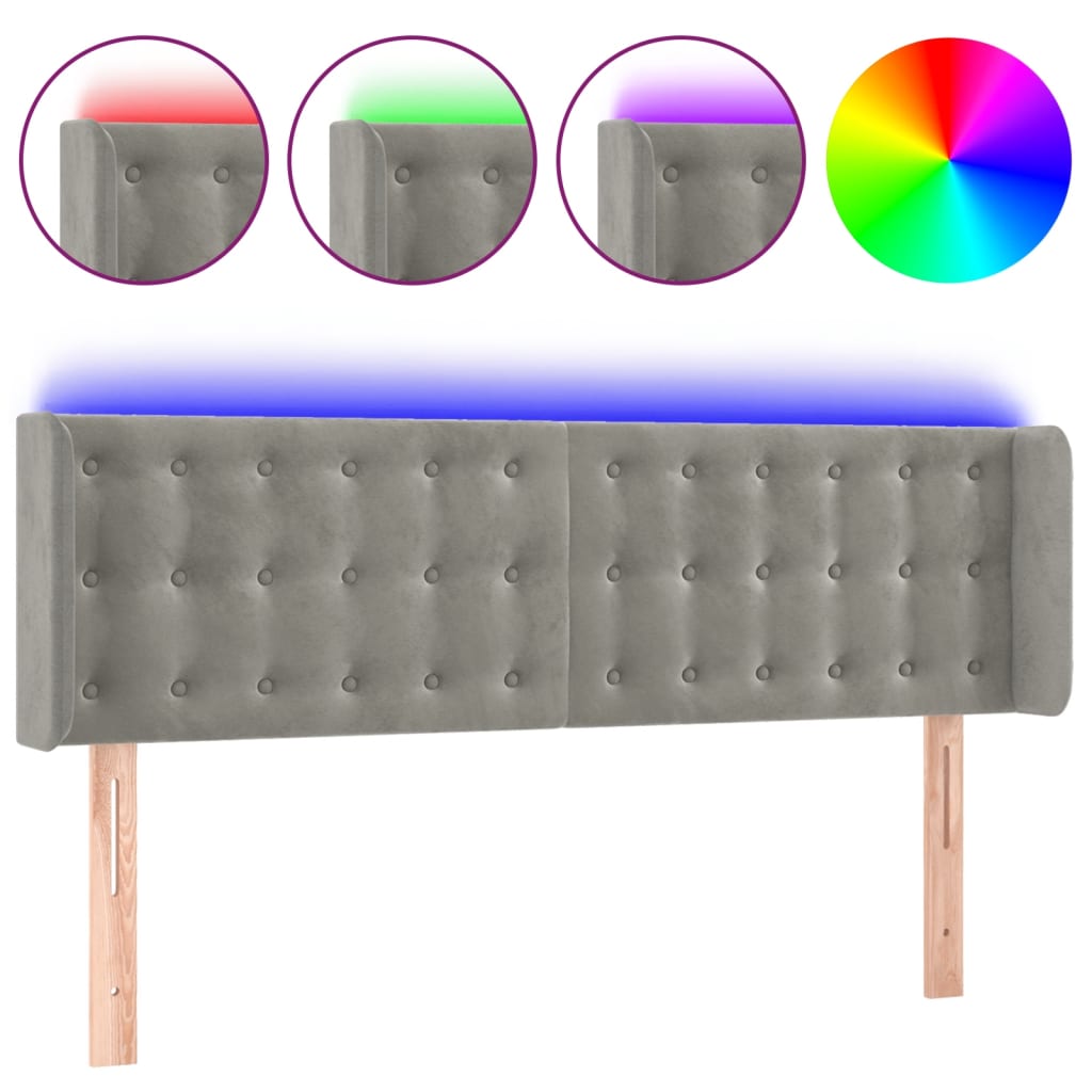 vidaXL Zagłówek do łóżka z LED, jasnoszary, 147x16x78/88 cm, aksamit