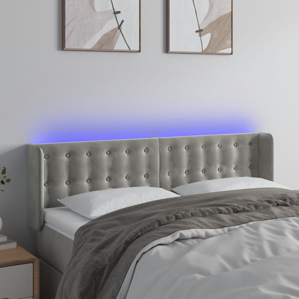 vidaXL Zagłówek do łóżka z LED, jasnoszary, 147x16x78/88 cm, aksamit