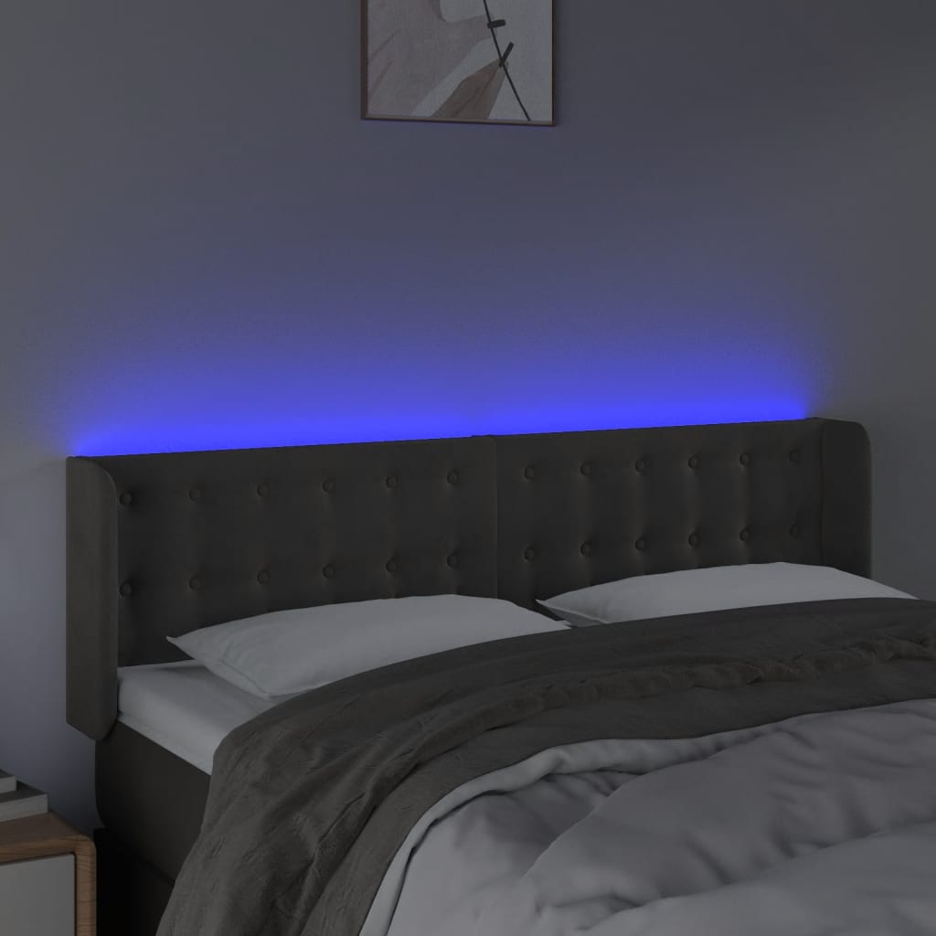 vidaXL Zagłówek do łóżka z LED, ciemnoszary, 147x16x78/88 cm, aksamit