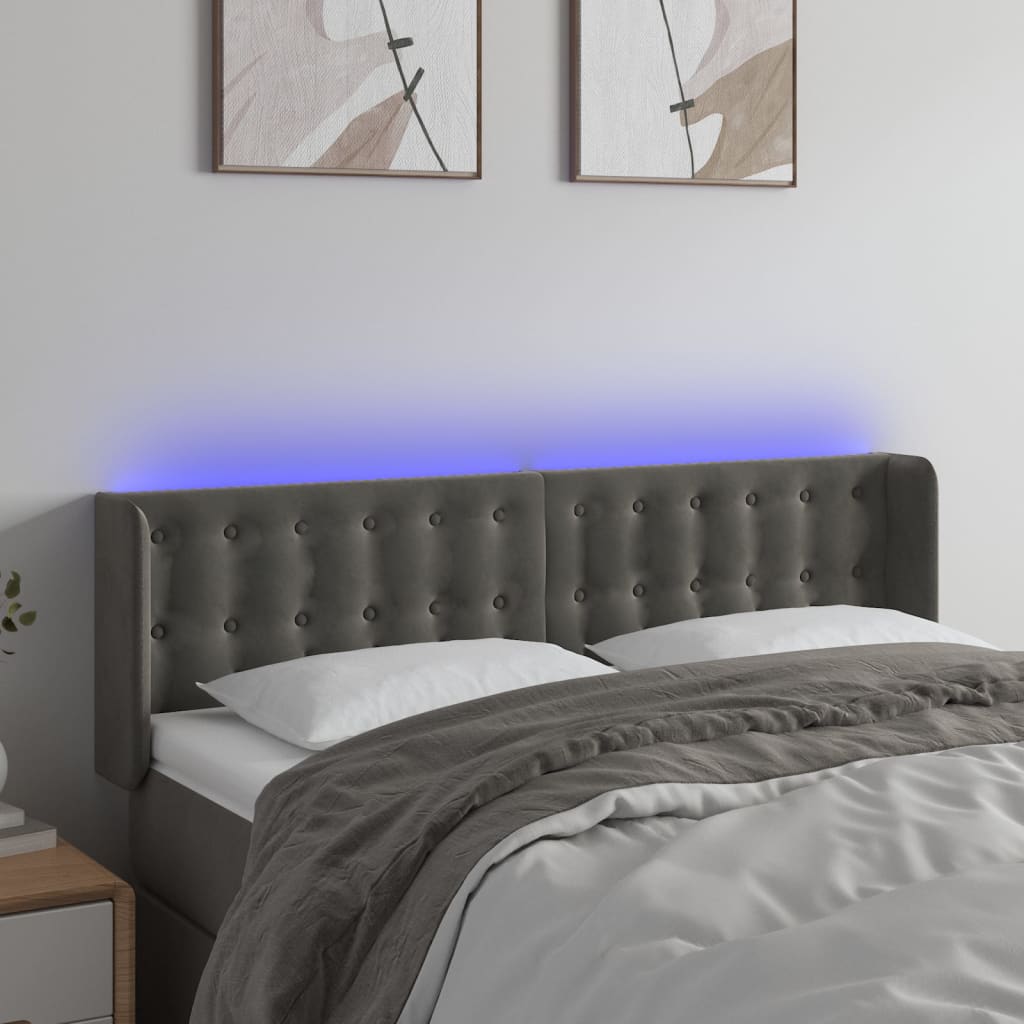 vidaXL Zagłówek do łóżka z LED, ciemnoszary, 147x16x78/88 cm, aksamit