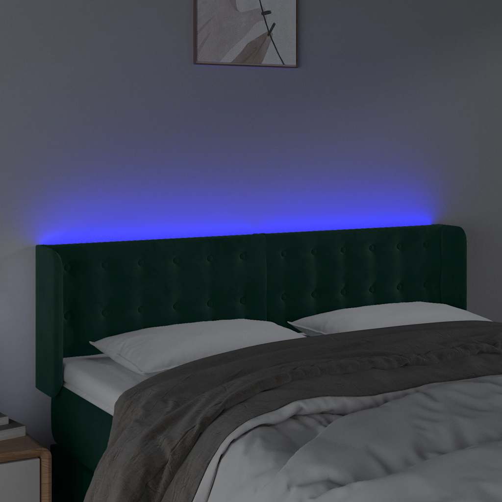 vidaXL Zagłówek do łóżka z LED, ciemnozielony, 147x16x78/88cm, aksamit