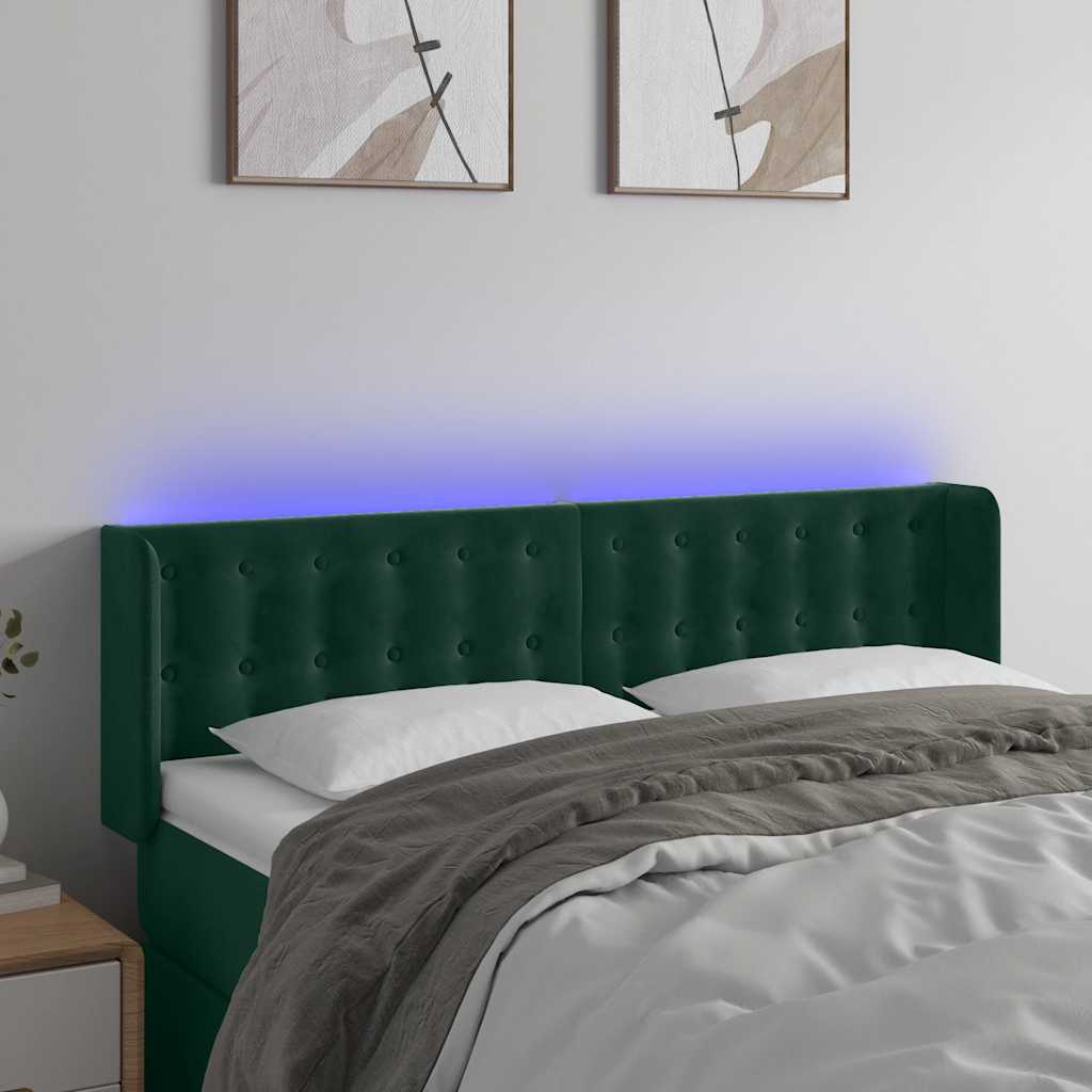vidaXL Zagłówek do łóżka z LED, ciemnozielony, 147x16x78/88cm, aksamit