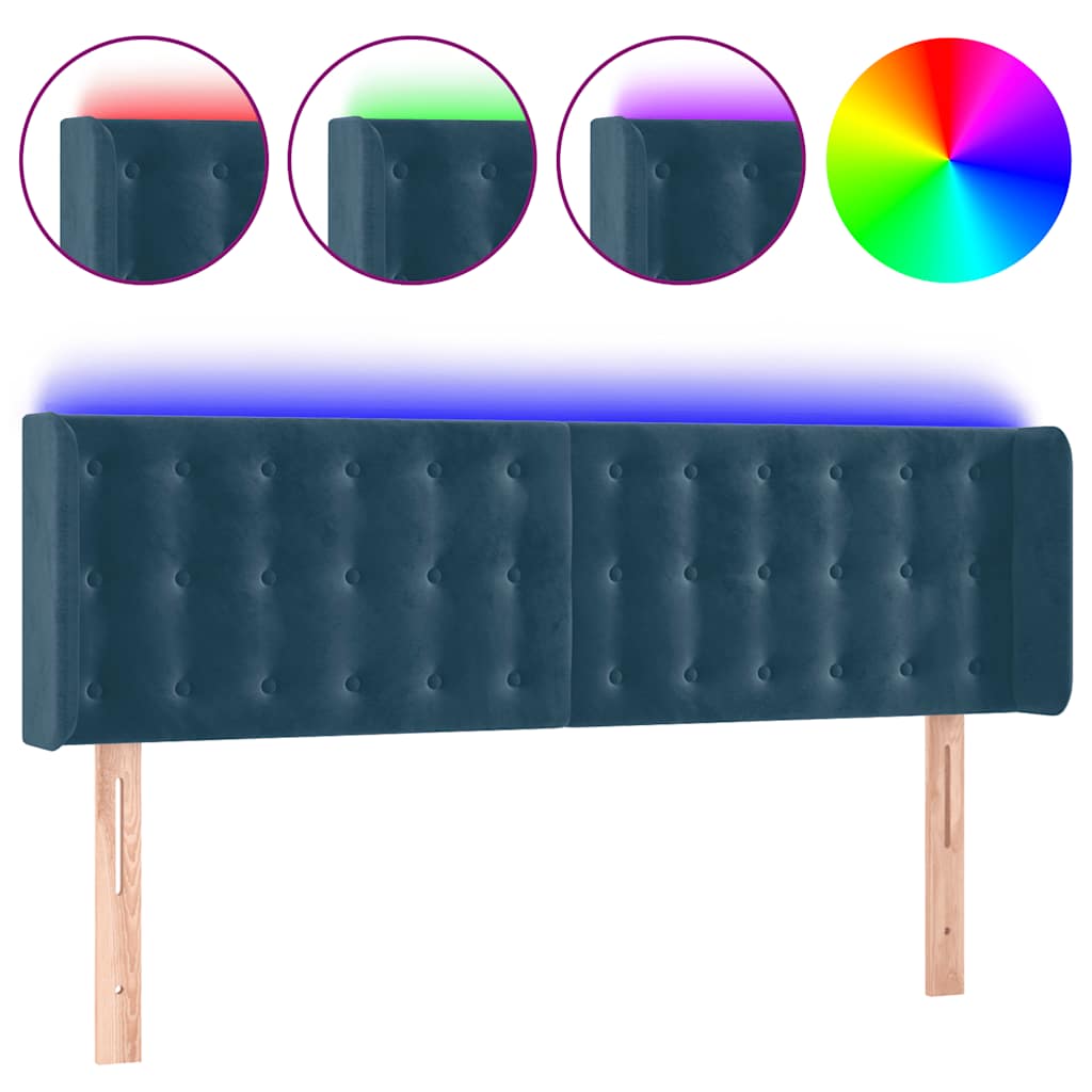 vidaXL Zagłówek do łóżka z LED ciemnoniebieski 147x16x78/88 cm aksamit