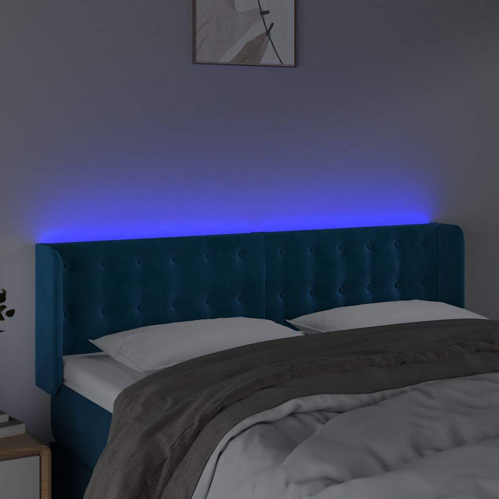vidaXL Zagłówek do łóżka z LED ciemnoniebieski 147x16x78/88 cm aksamit