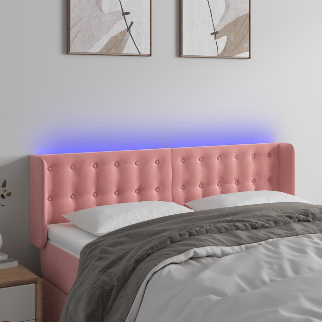 vidaXL Zagłówek do łóżka z LED, różowy, 147x16x78/88 cm, aksamit