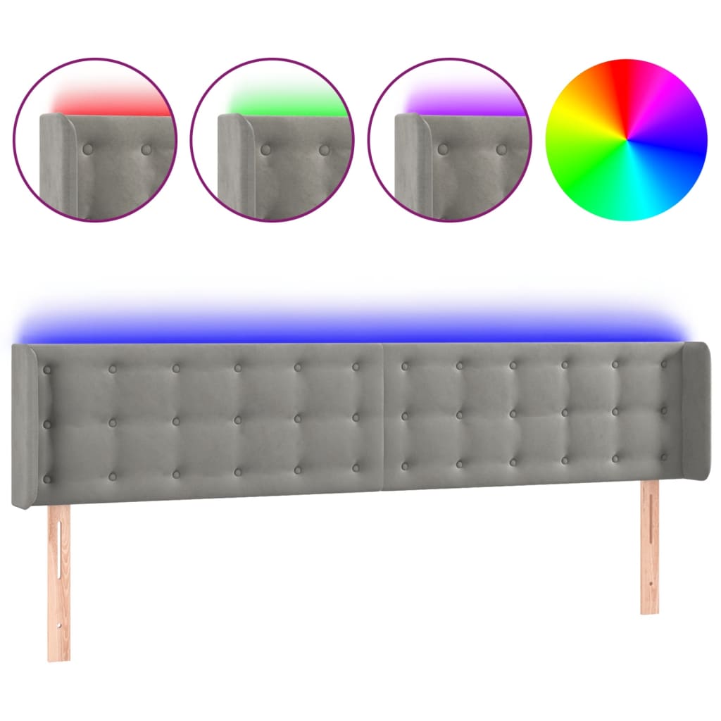 vidaXL Zagłówek do łóżka z LED, jasnoszary, 163x16x78/88 cm, aksamit