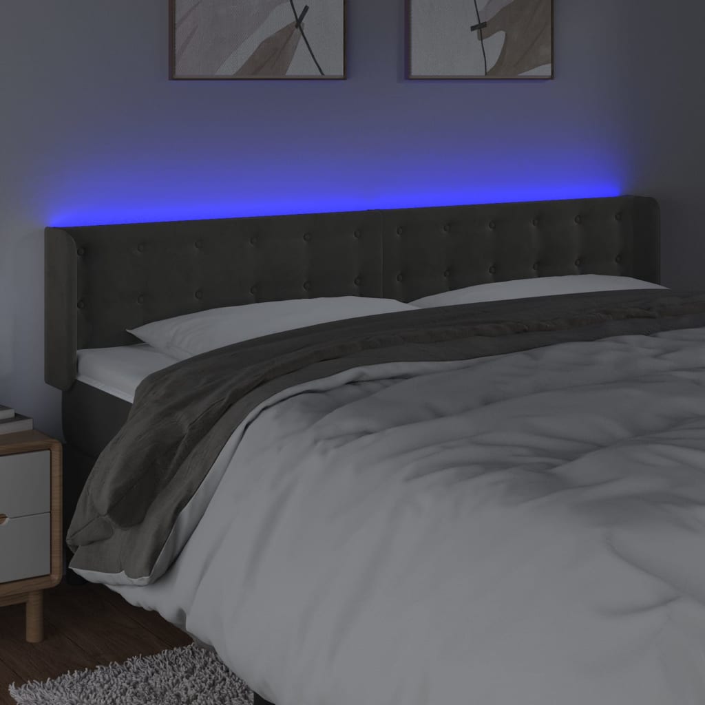 vidaXL Zagłówek do łóżka z LED, ciemnoszary, 163x16x78/88 cm, aksamit