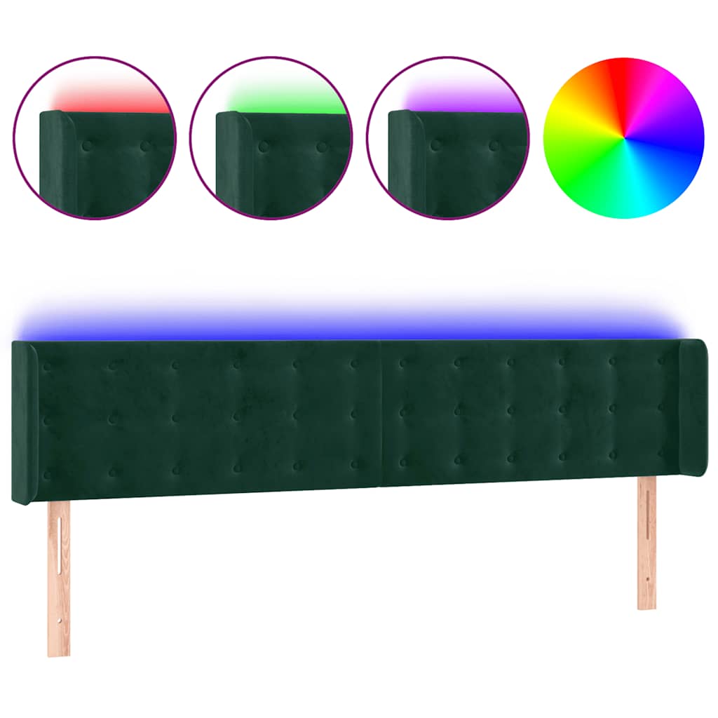 vidaXL Zagłówek do łóżka z LED, ciemnozielony, 163x16x78/88cm, aksamit