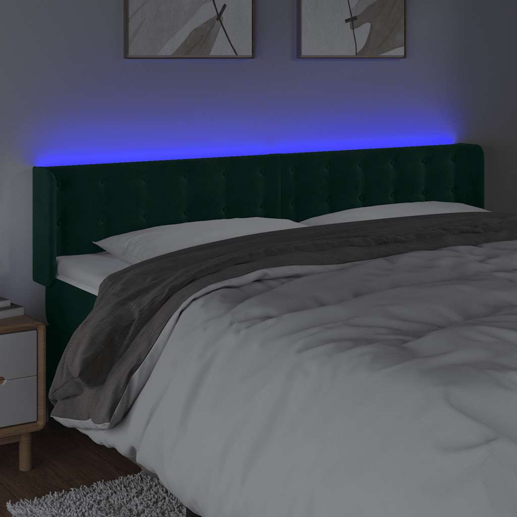 vidaXL Zagłówek do łóżka z LED, ciemnozielony, 163x16x78/88cm, aksamit