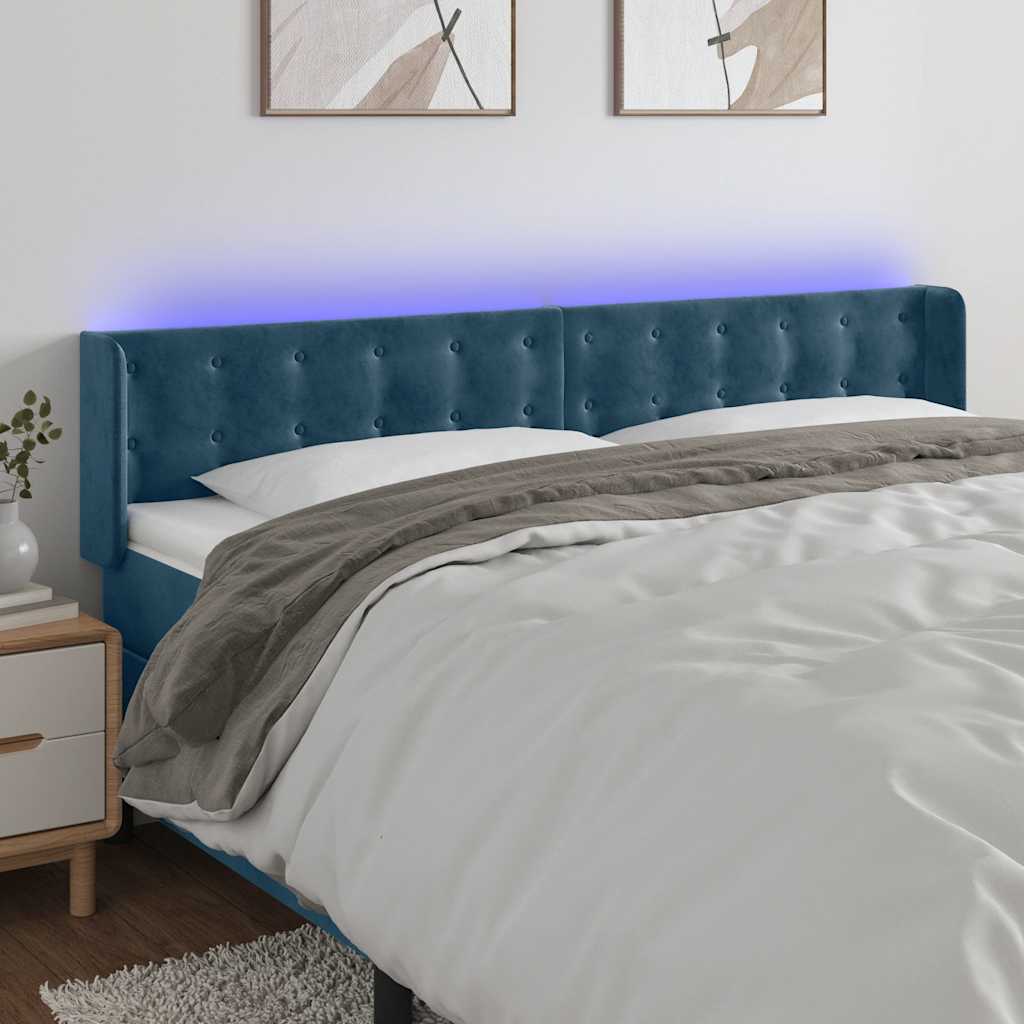 vidaXL Zagłówek do łóżka z LED ciemnoniebieski 163x16x78/88 cm aksamit