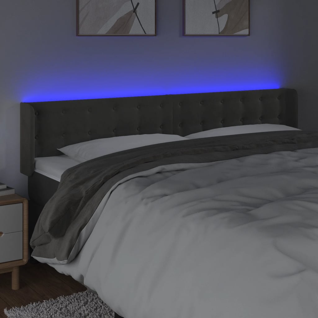 vidaXL Zagłówek do łóżka z LED, ciemnoszary, 183x16x78/88 cm, aksamit