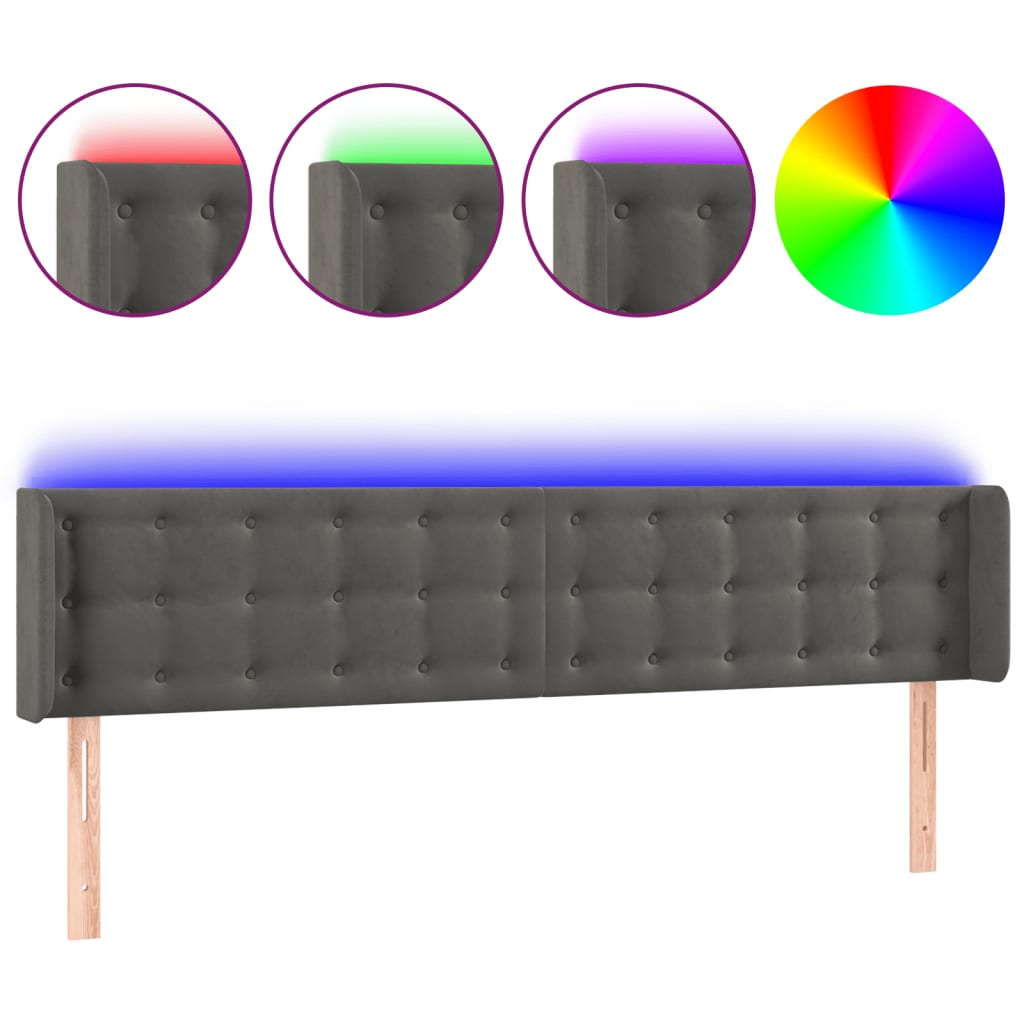 vidaXL Zagłówek do łóżka z LED, ciemnoszary, 203x16x78/88 cm, aksamit