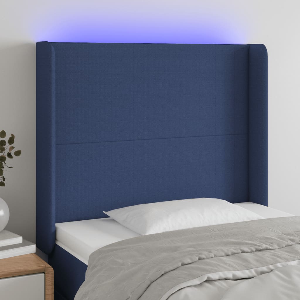 vidaXL Zagłówek do łóżka z LED, niebieski, 83x16x118/128 cm, tkanina